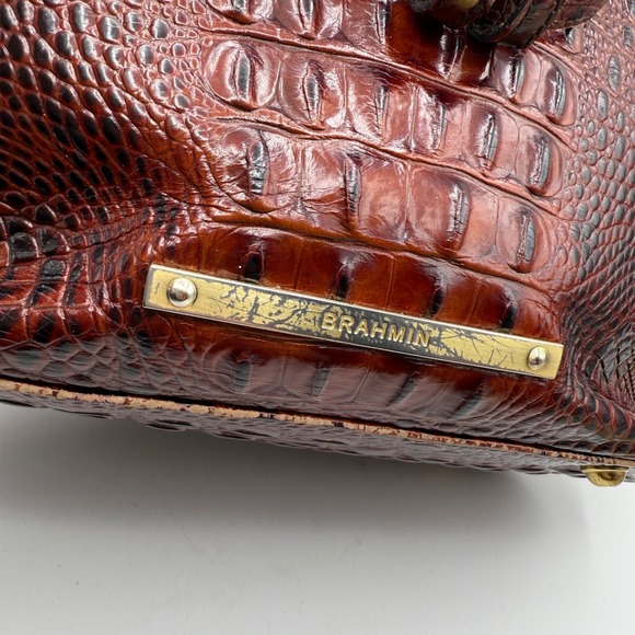Brahmin Croc Embossed Leather Tote Bucket Bag Brown Chestnut Gold Hardware - Picture 3 of 11